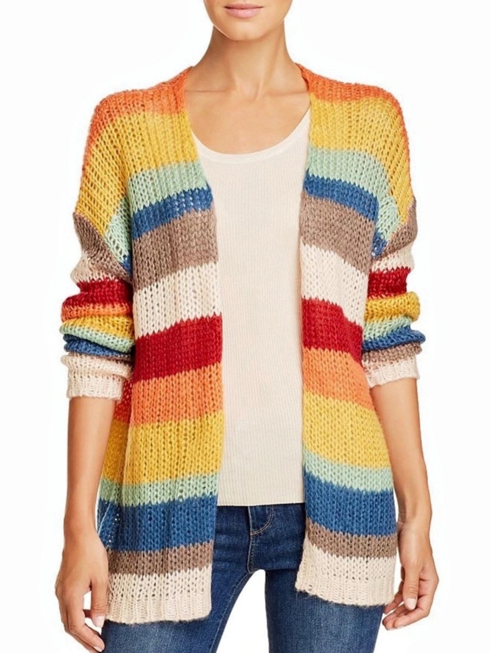 Elan Striped Open Front Cardigan in Multi-Color(B8)